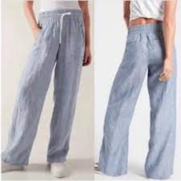 Athleta Cabo 100% Linen Wide Leg Drawstring Pants in Chambray Blue Size 6 - Picture 1 of 7